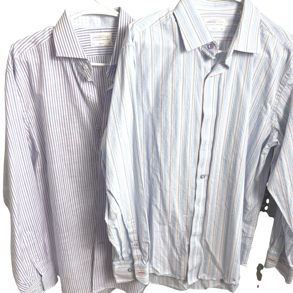 Lot of 2 Lorenzo Uomo Trim Fit Striped Dress Shirts 16.5 34/35 Blue Purple